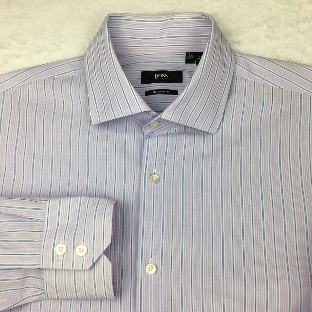 Boss Hugo Boss Dress Shirt Mens 16.5-34/35 Purple w/Blue Stripe Non Iron Regular